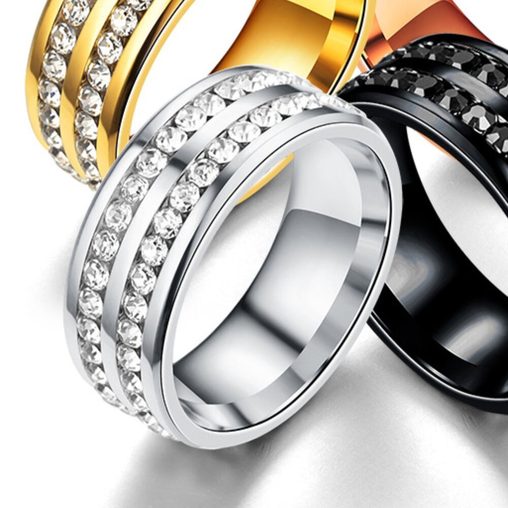 3/$35 Double Row Silver Stainless Steel Band Ring Diamond Cubic Zirconia Jewelry